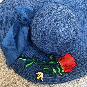 Nonbranded Women's Navy Wide Brim With Flower Accent Straw Hat
